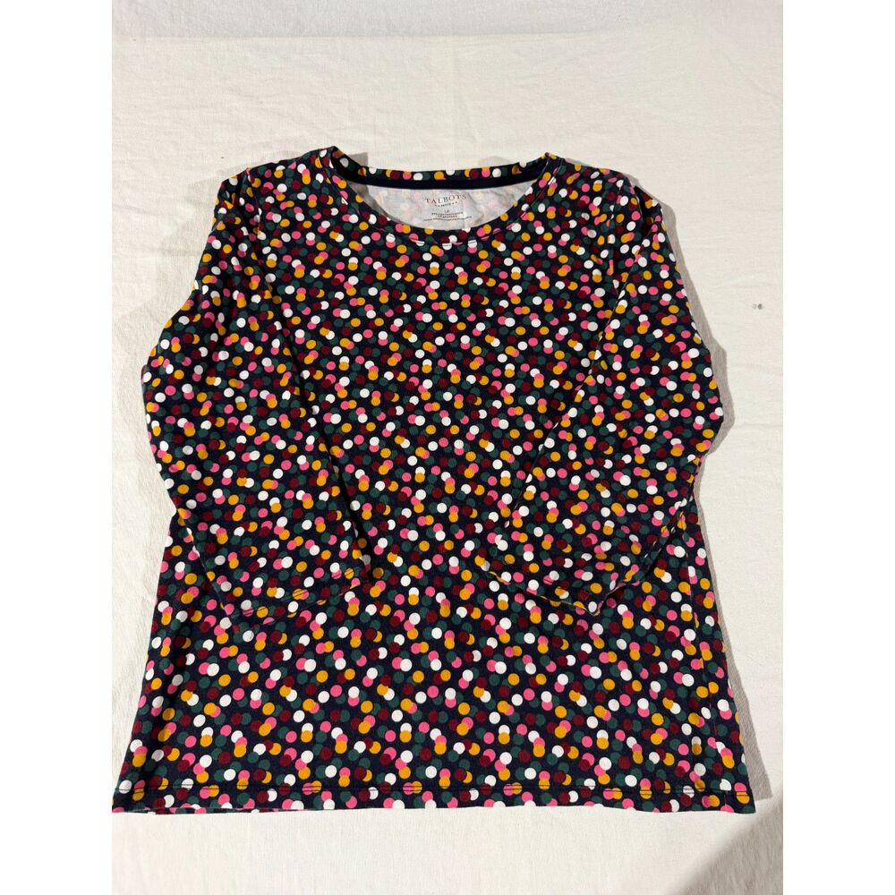 Talbots Petite LP Navy Confetti Dot Long Sleeve Tee Cotton Stretch Crew Neck Top